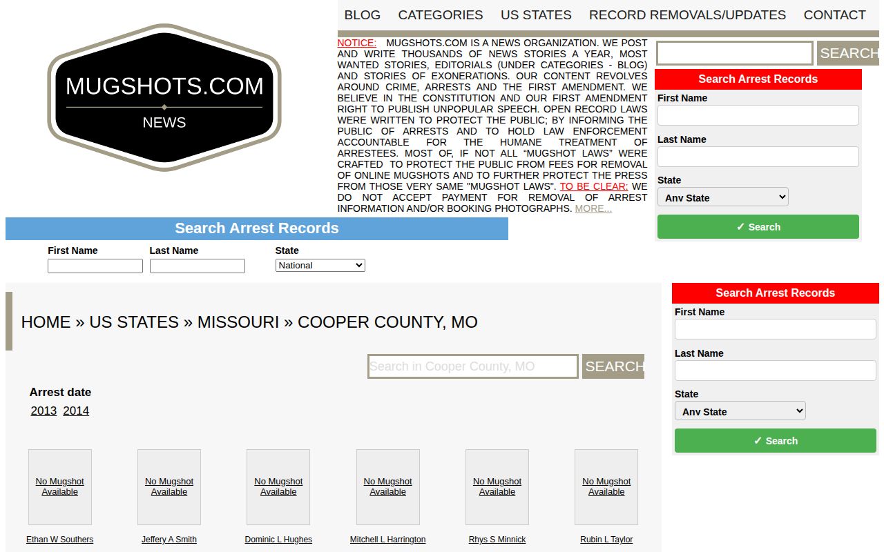 Cooper County mugshot record landscape on the unofficial Mugshots.com local section